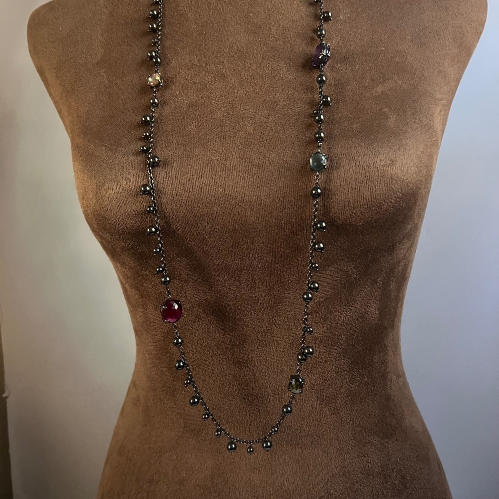 Gunmetal Multi Color Faceted Crystal Station Long Bead Necklace 38"